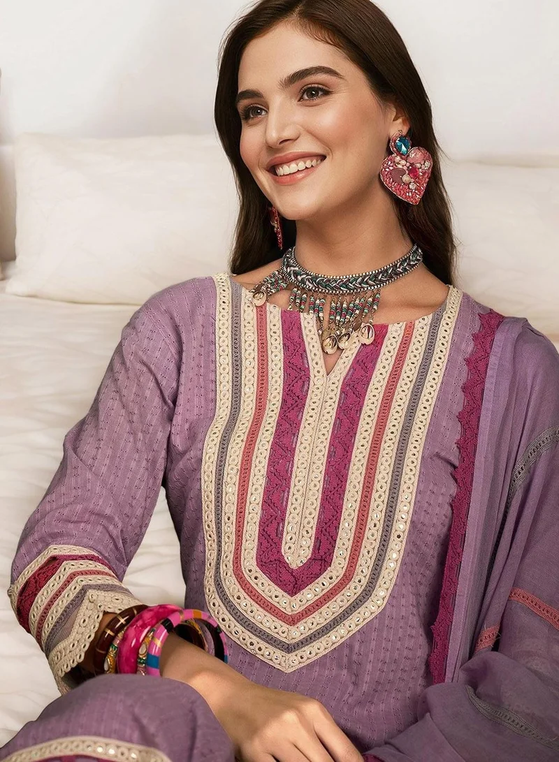 ISHIN  Women's Purple 100% Cotton Embellished Tunic Full Length Casual Straight Fit Kurta Set for Women | Best Price UAE